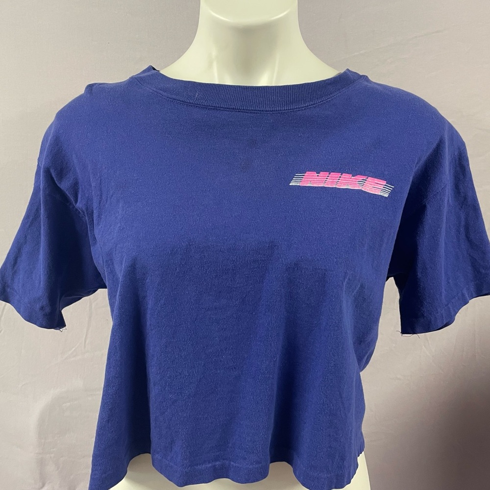 Rare Preowned Vintage 80s Nike Logo Front Back Print Blue Crop Top Size Medium